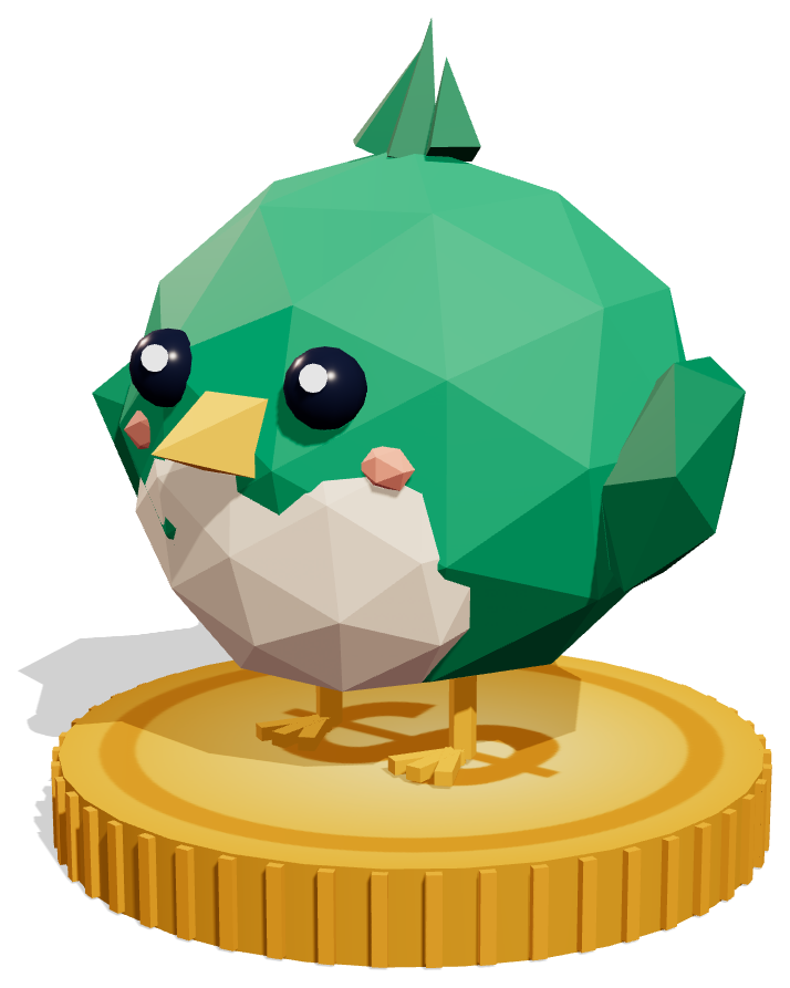 PledgeBird mascot: an emerald low-poly bird standing on a gold coin